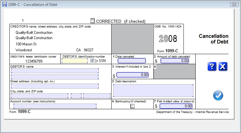 Entering Editing Data Form 1099 C