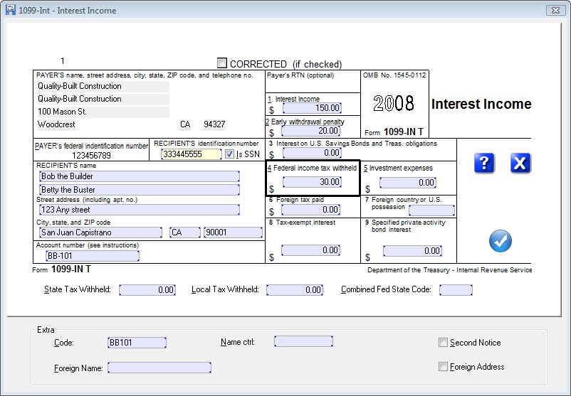Entering Editing Data Form 1099 INT